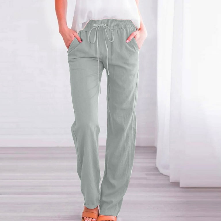 Women's Casual Distressed Cotton Linen Wide Leg Baggy Pants Elastic Waist  Relax Fit Lantern Trouser