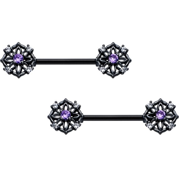 Body Candy 14G 9/16 Nipple Ring Set - 316L Stainless Steel 2Pc Nipplerings Piercing Black Flower Ring Nipple Barbells