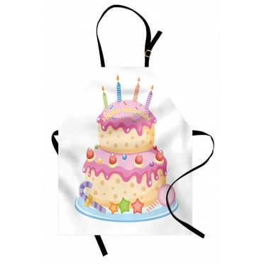 Kids Birthday Apron Pastel Colored Birthday Party Cake with Candles and Candies Celebration Image, Unisex Kitchen Bib Apron with Adjustable Neck for Cooking Baking Gardening, Pale Pink, by Ambesonne