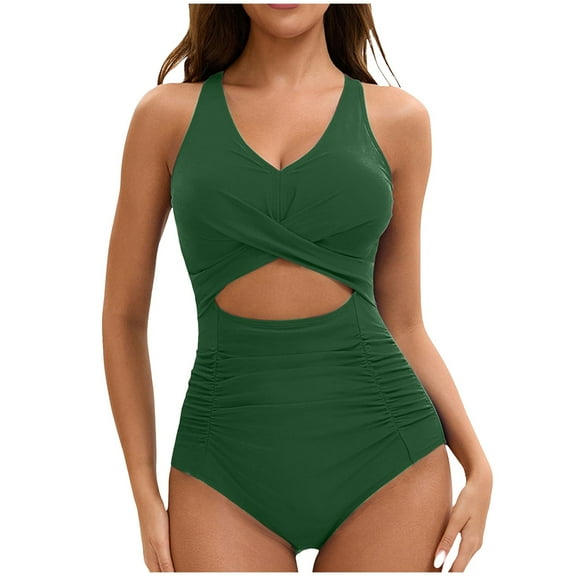 TTUHYWXI Swim Suits for Women 2025 Crisscross Front High Waisted Swim Dress Cutout Front (Green, L)