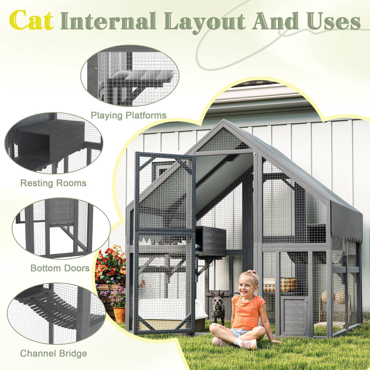 LuckyNote Large Outdoor Cat Enclosure for Multiple Cats, 2 Platforms & 2 Resting Boxes & 1 Bridge, Wooden Shelter, Gray