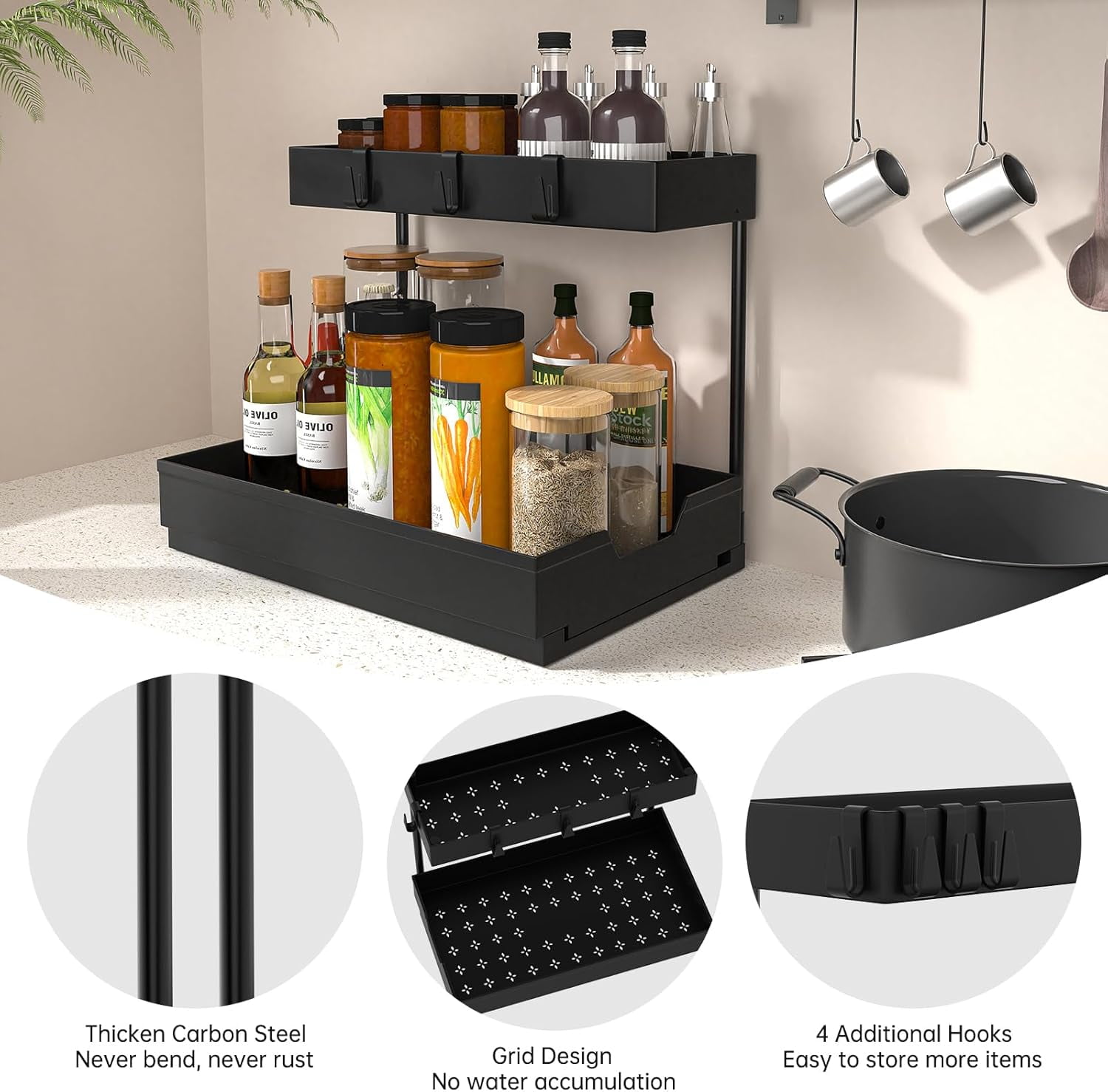 2-Pack Under Sink Organizer, 2-Tier Sliding L-Shaped Kitchen Bathroom Cabinet Organizer and Storage Rack with Hooks, Large Capacity Pull-Out Sink Organizer, Multi-Purpose Drawer Basket Storage Rack