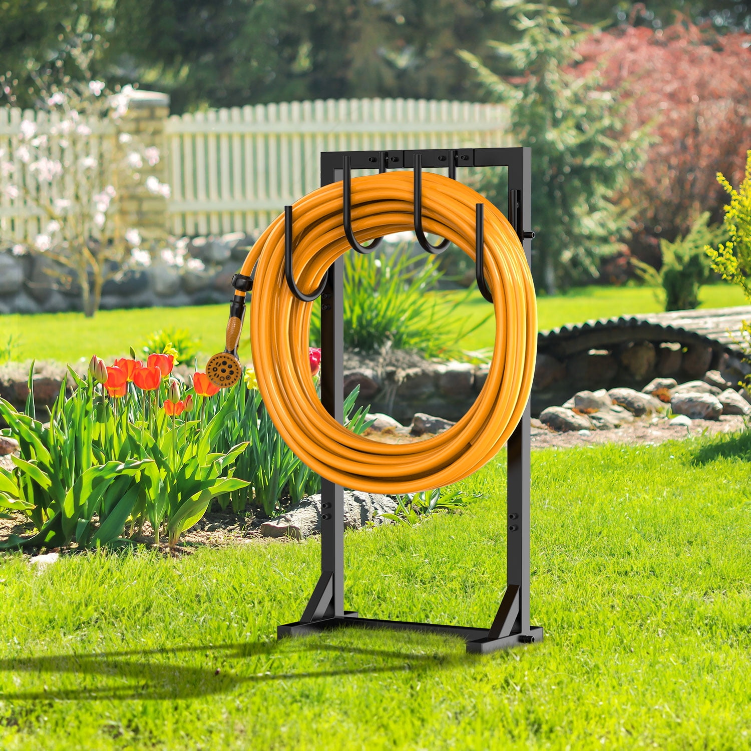 Garden Hose Holder Freestanding, Detachable Heavy Duty Metal Hose Stand with 6 Hooks, Water Hose Reel Rack Organizer
