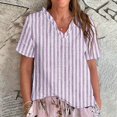 thumbnail image 2 of Dyfzdhu Summer Blouses for Women Casual Short Sleeve Striped Ruffled V Neck Linen Shirt Flowy Lightweight Loose Fit Summer Tops Pink, 2 of 3