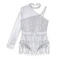 thumbnail image 2 of Sholeno Kids Girls Sequin Latin Dance Tassel Dress Leotard Shiny Asymmetrical Shoulder Fringe Skirted Bodysuit Silver 6, 2 of 7