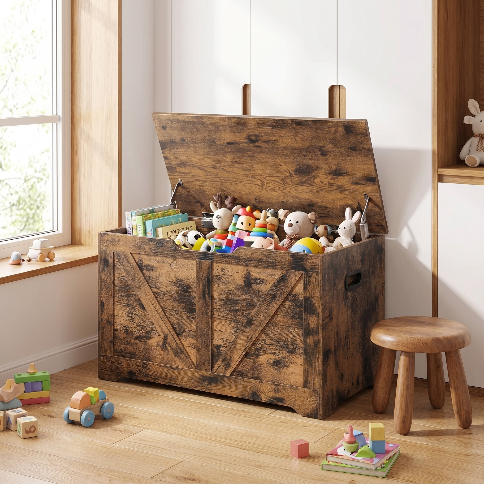 Nordic Hygge Rustic Brown Farmhouse Storage Chest with 2 Safety Hinges