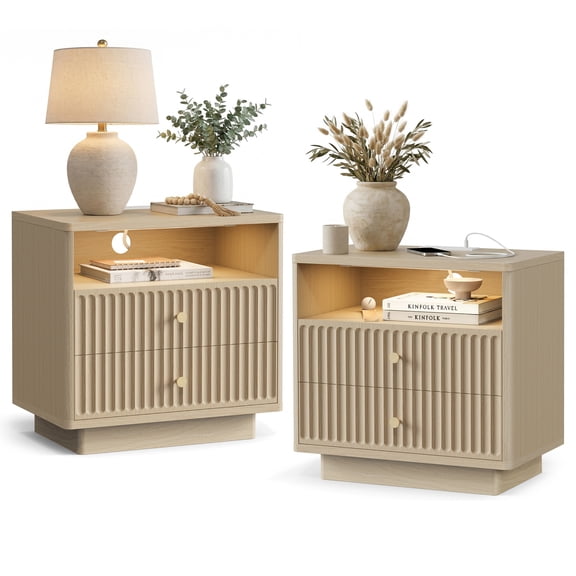 PAPROOS Nightstand Set of 2 with Charging Station, Large 2 Drawers Nightstand with Motion Sensor Light and Curved Corner Design, Fluted Extra Wide Bedside Table for Bedroom, Natural Oak