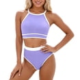 thumbnail image 4 of HUAXUN Women 2 Piece Swimsuits Bikini Set Racerback Modest Bathing Suit Sporty High Neck Crop Top with High Waisted Bottom Swimwear(Light Purple,XL), 4 of 4