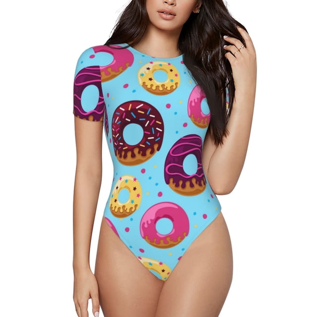 Saiise Motif Beignes Combinaison à Manches Courtes pour Femme Pyjama à Col Rond Justaucorps Extensible avec Fermeture à Boutons-Pression-Moyen