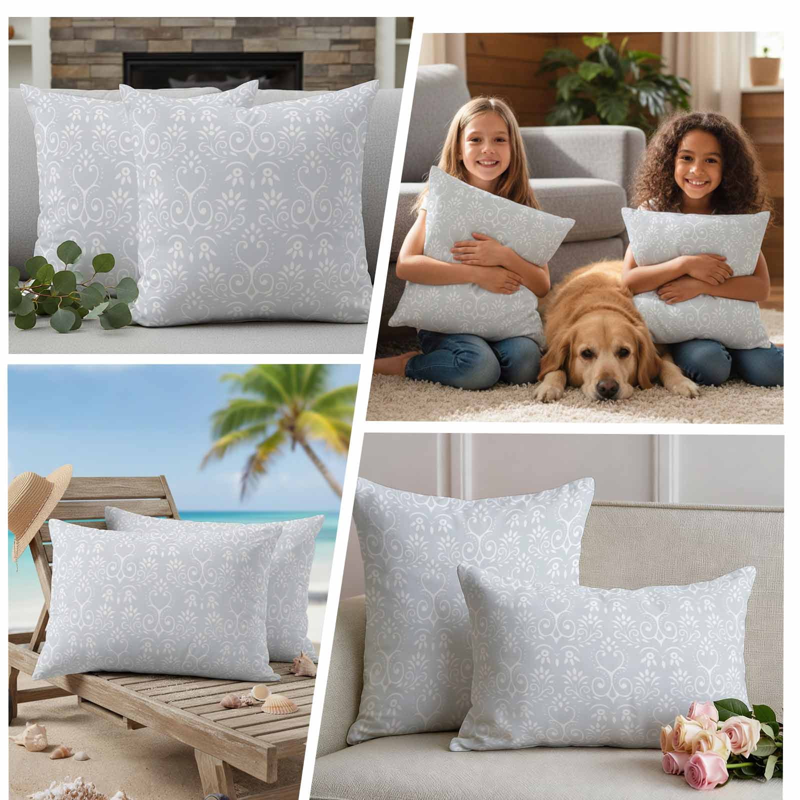 Grey Spring Floral Outdoor Waterproof Pillow Covers, Modern Abstract Art Farmhouse Decorative Square Throw Pillowcase Sofa Cushion Sham for Patio/Couch/Chair, 16"x16" 2 Pack