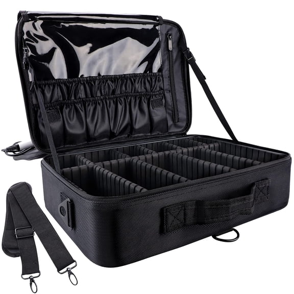 Large Black Travel Makeup Case Professional Organizer with Adjustable Dividers
