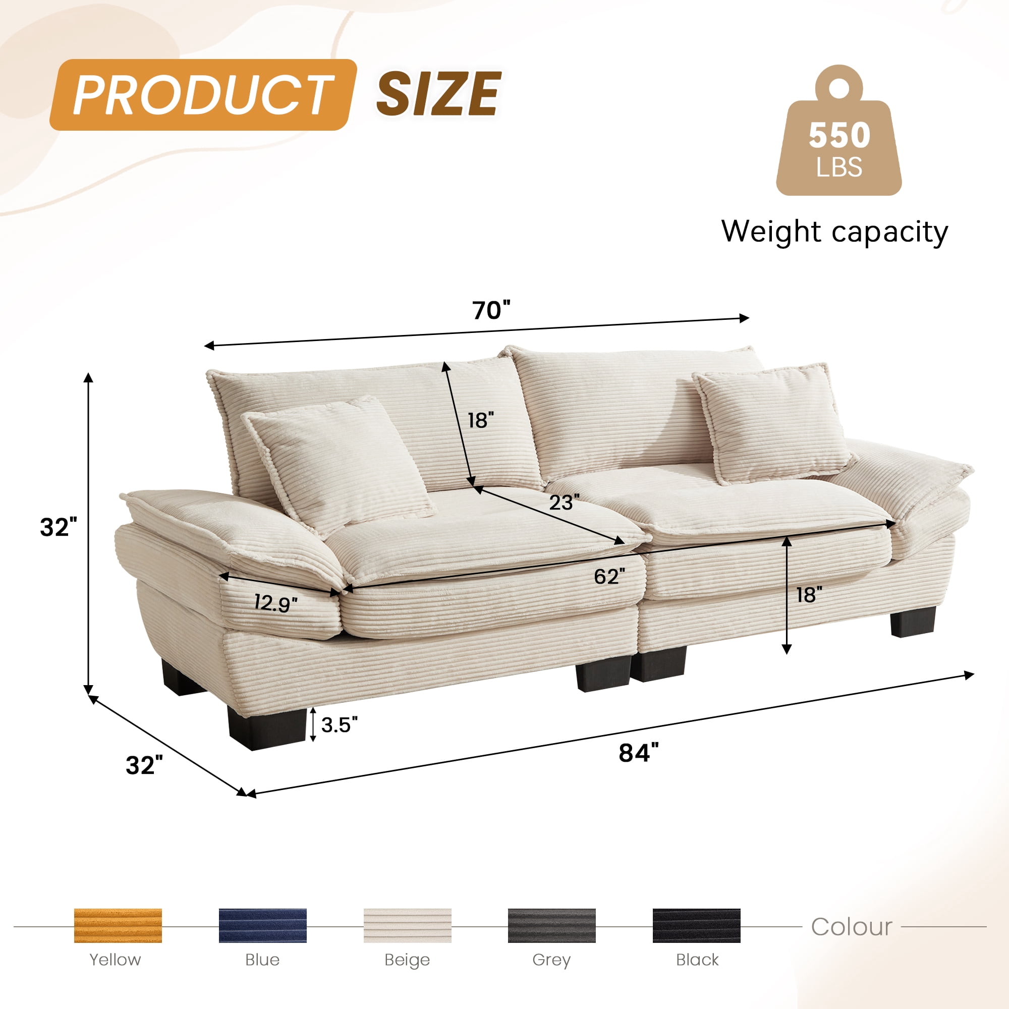 Dinosisco 84"L Deep Seat Sofa, Corduroy Upholstered Sleeper Couch for Living Room, Beige