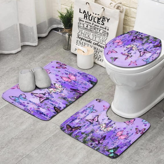 Purple Lavender Butterfly Scene Bathroom Rugs Sets 3 Piece,Toilet Cover Set,Absorbent Non Slip Bathroom Mats Sets with U-Shaped Contour Rug Toilet Rug Set