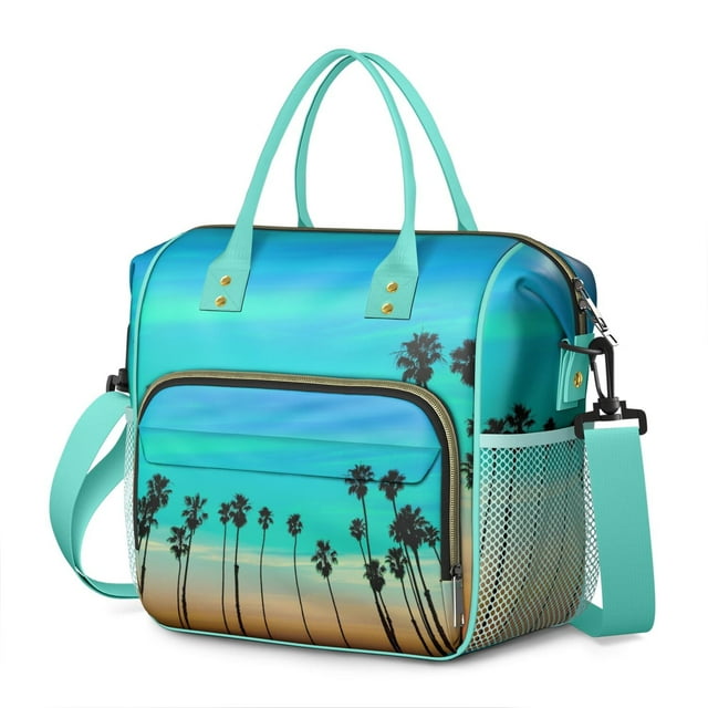 Summer Beach Palm Trees Insulated Lunch Bag – Waterproof Reusable Lunch Tote with Tropical Pattern, Large Capacity Cooler Bag for Work, Outdoor, Beach Use