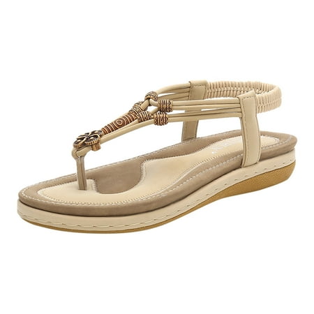 

Sandals for Women Womens Flats Sandals Summer Bohemian Beaded Dress Shoes Comfortable Open Toe Elastic Ankle Strap Slip On Sandal Roman Sandals Shoes Beige