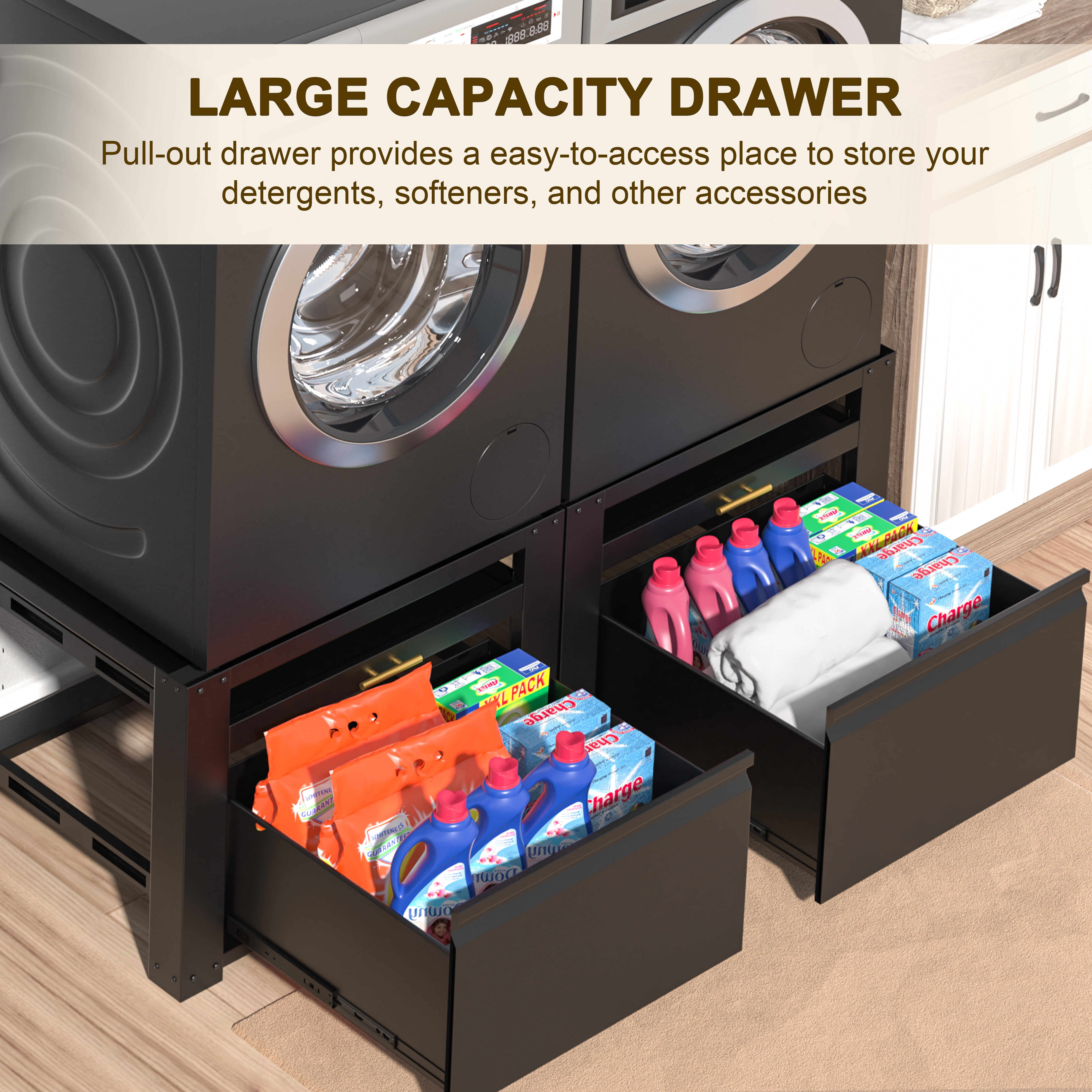 VEIKOUS Washer Dryer Pedestal Stand, 29"L x 29"W x 22"H Washing Machine Stand w/ Storage Shelf & Retractable Laundry Basket Holder, 300 lbs capacity, Black