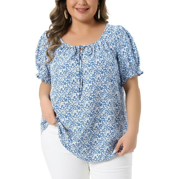 Agnes Orinda Women's Plus Size Floral Tops Tie Front Scoop Neck Short Sleeve Ruffle Cuff Summer Casual Blouses 2X Blue