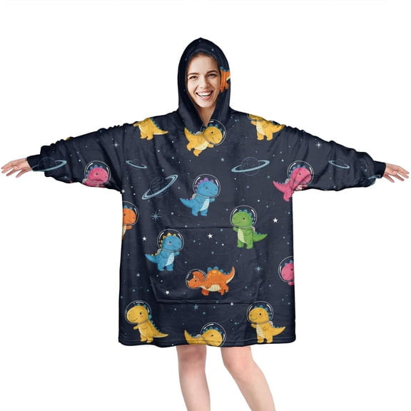 Wearable Oversized Blanket,Space Dinosaur Pattern Wearable Blanket Hoodie for Adults,Cozy Hooded Blankets with Super Pockets,Super Warm Fuzzy Pullover for Women & Men