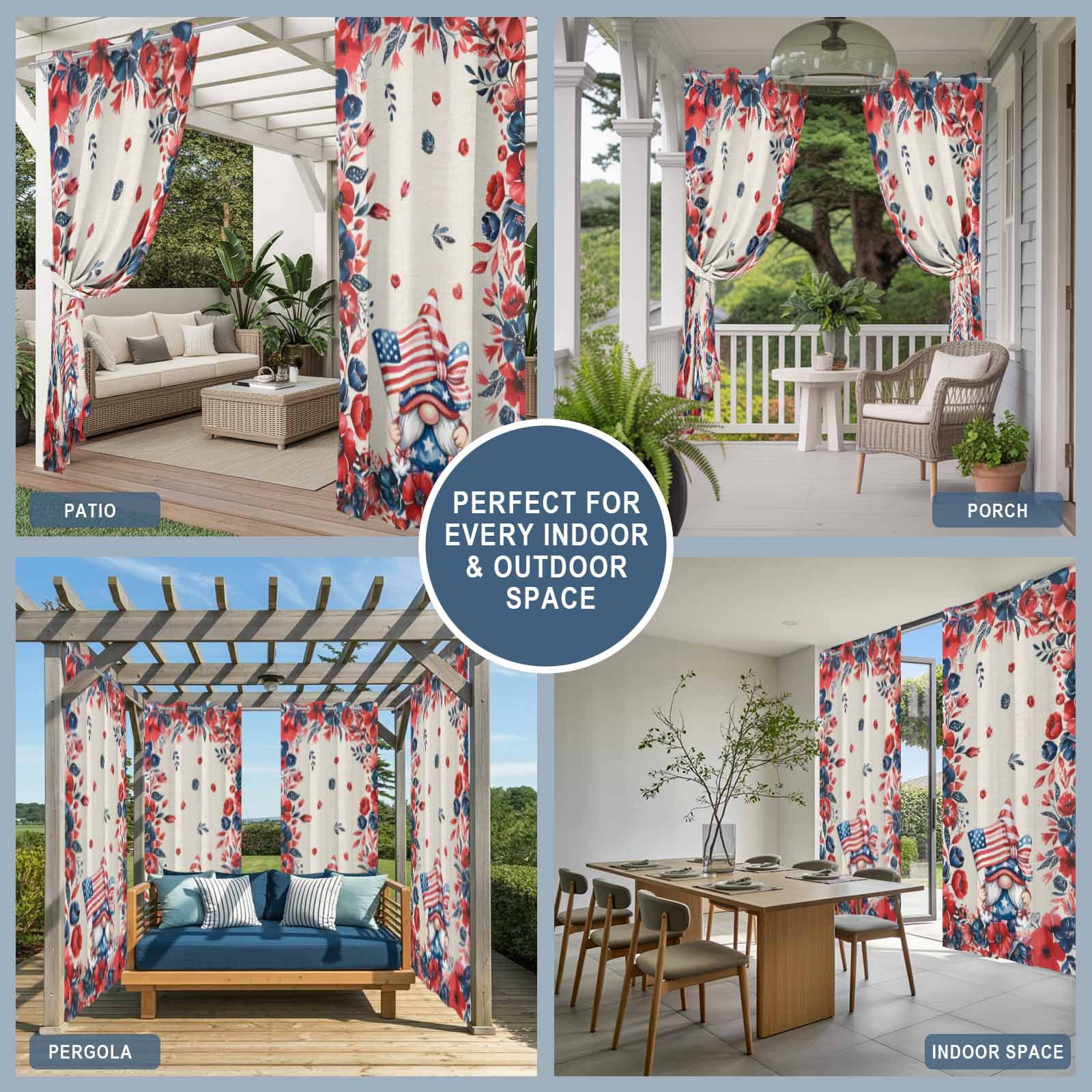 Independence Day Outdoor Curtains for Patio, Vintage Gnome Red Blue Navy Flower U.S. Flag Sunshade Privacy Drapes Grommet Waterproof Outside Curtains for Porch/Cabana/Balcony 54"x 108", 1 Panel