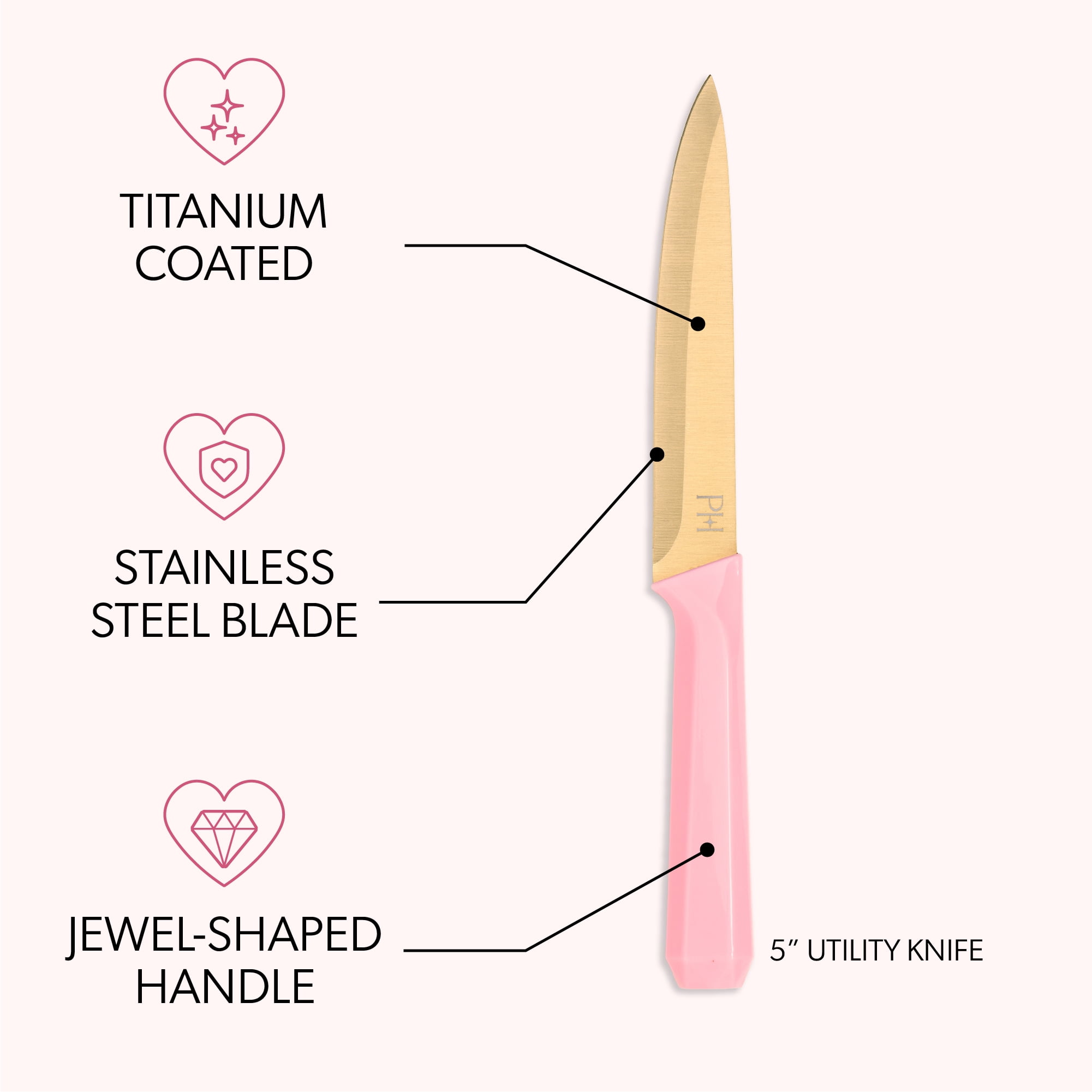 Paris Hilton 6-Piece Cutlery Block Set, Titanium-Coated Stainless Steel Blades, Cherry Print Block, Pink Faceted Handles