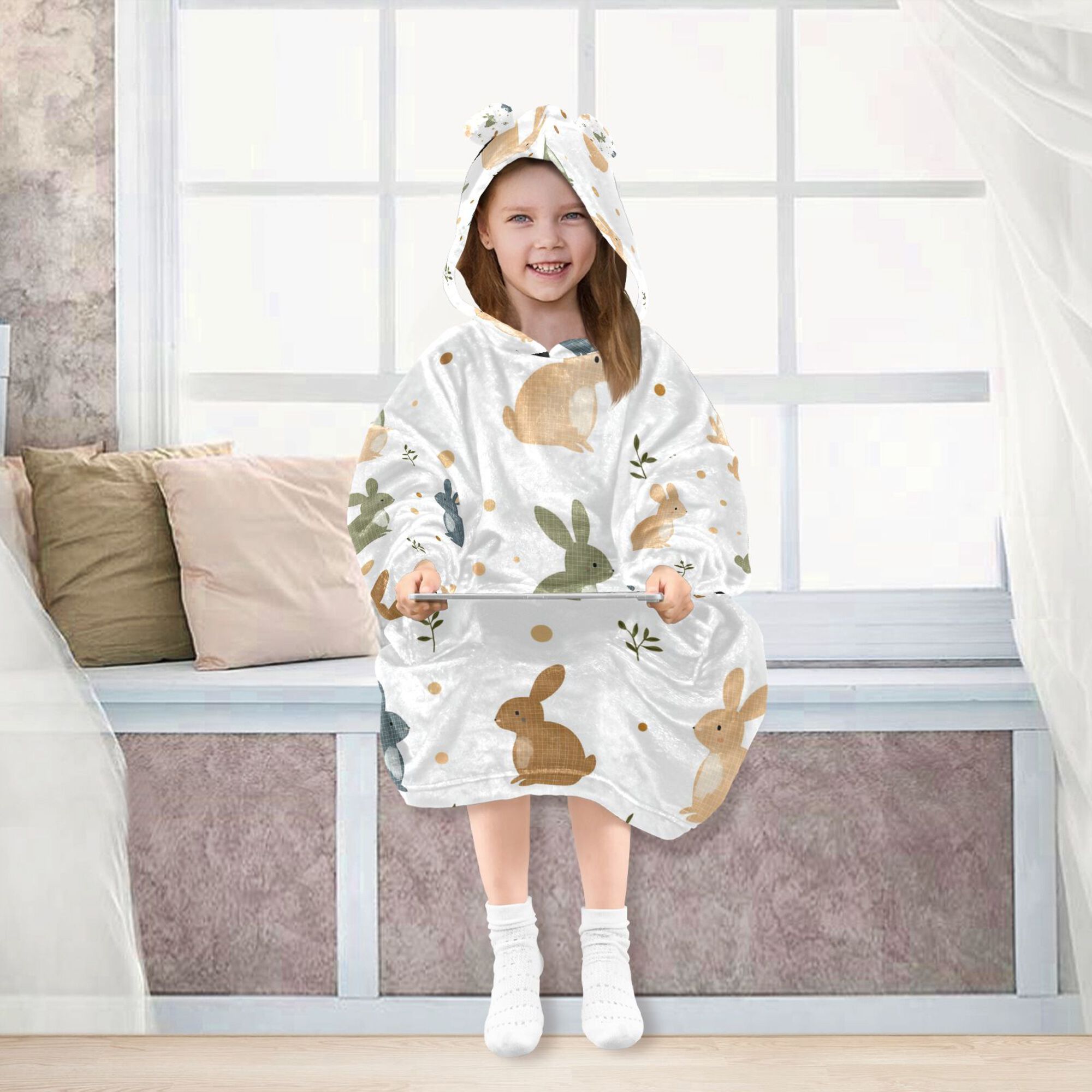 FORMRS Wearable Blanket Hoodie with Sleeves for Kids Cozy Flannel Sweatshirt, Cartoon Bunnies