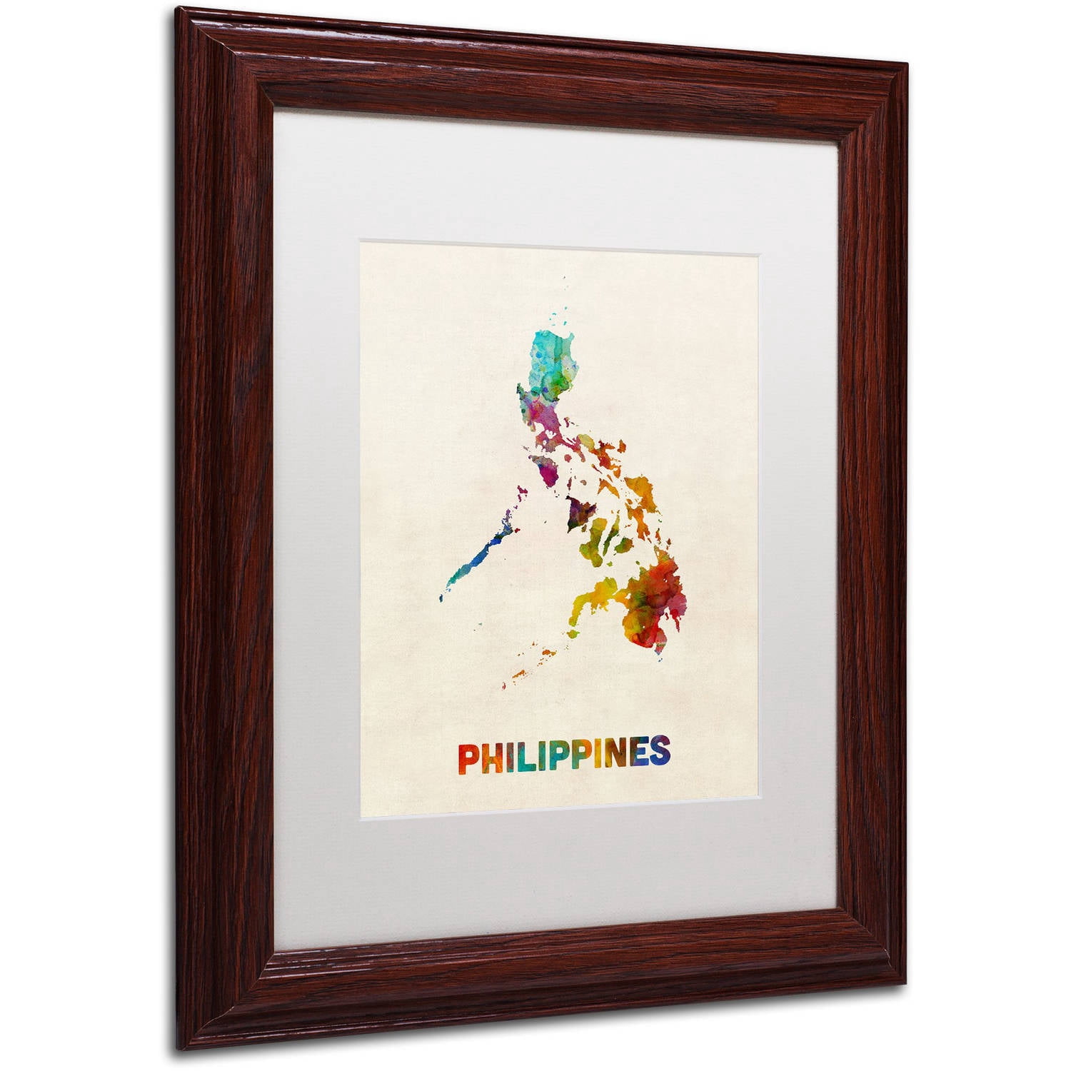 Trademark Fine Art "Philippines Watercolor Map" Canvas Art by Michael Tompsett, White Matte, Wood Frame