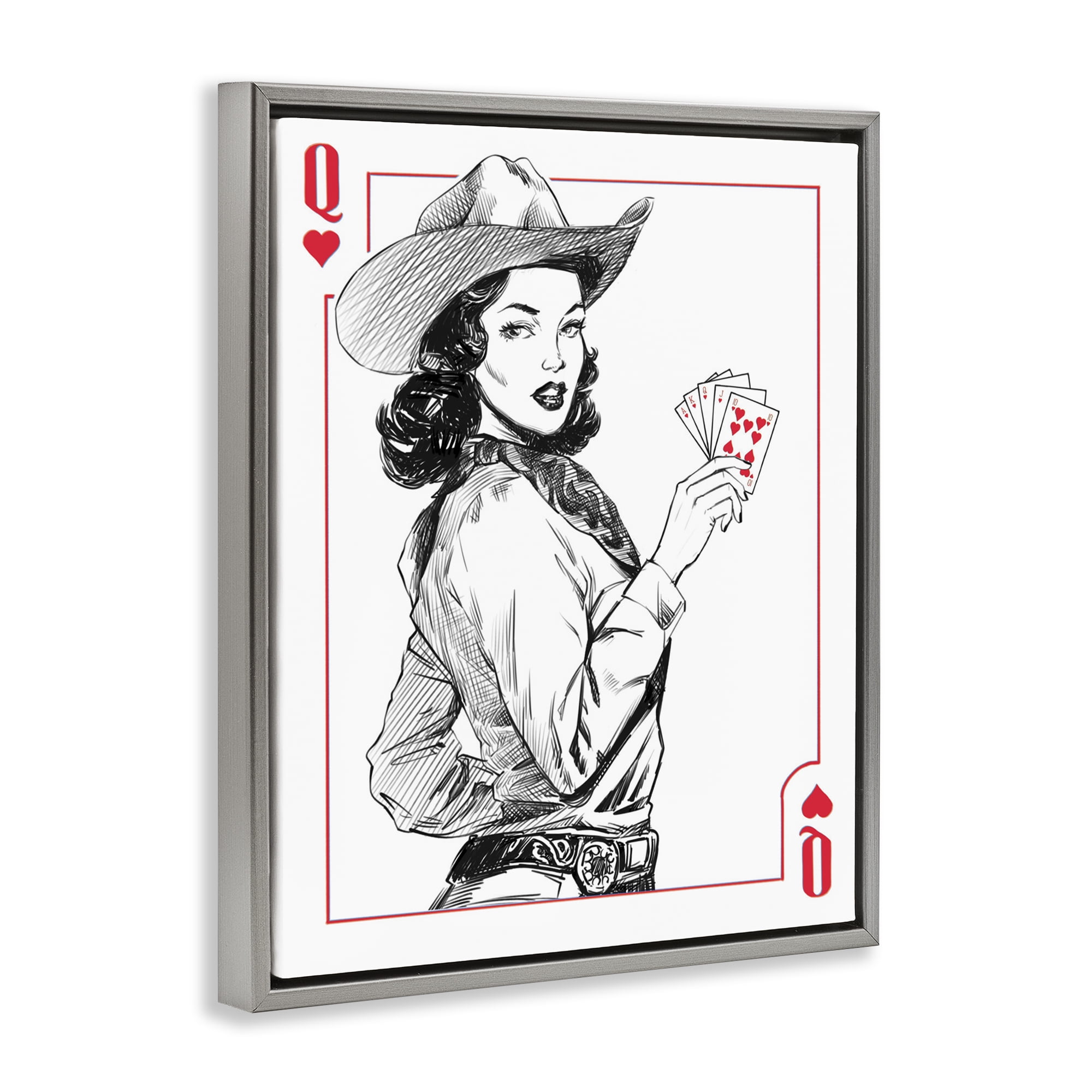Stupell Industries Cowgirl Queen of Hearts Gray Framed Floater Canvas Wall Art, design by Ziwei Li