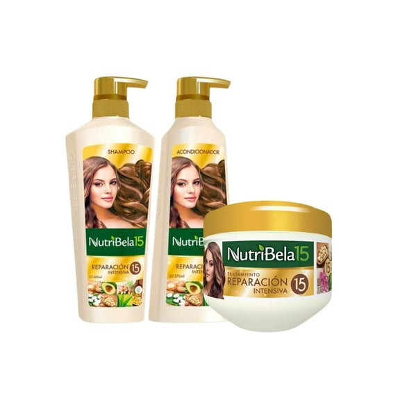 Nutribela 15 Reparacion Intensiva Shampoo 400mL   Acondicionador 400mL   Nutribela Tratamiento  300mL  (3 Pack)