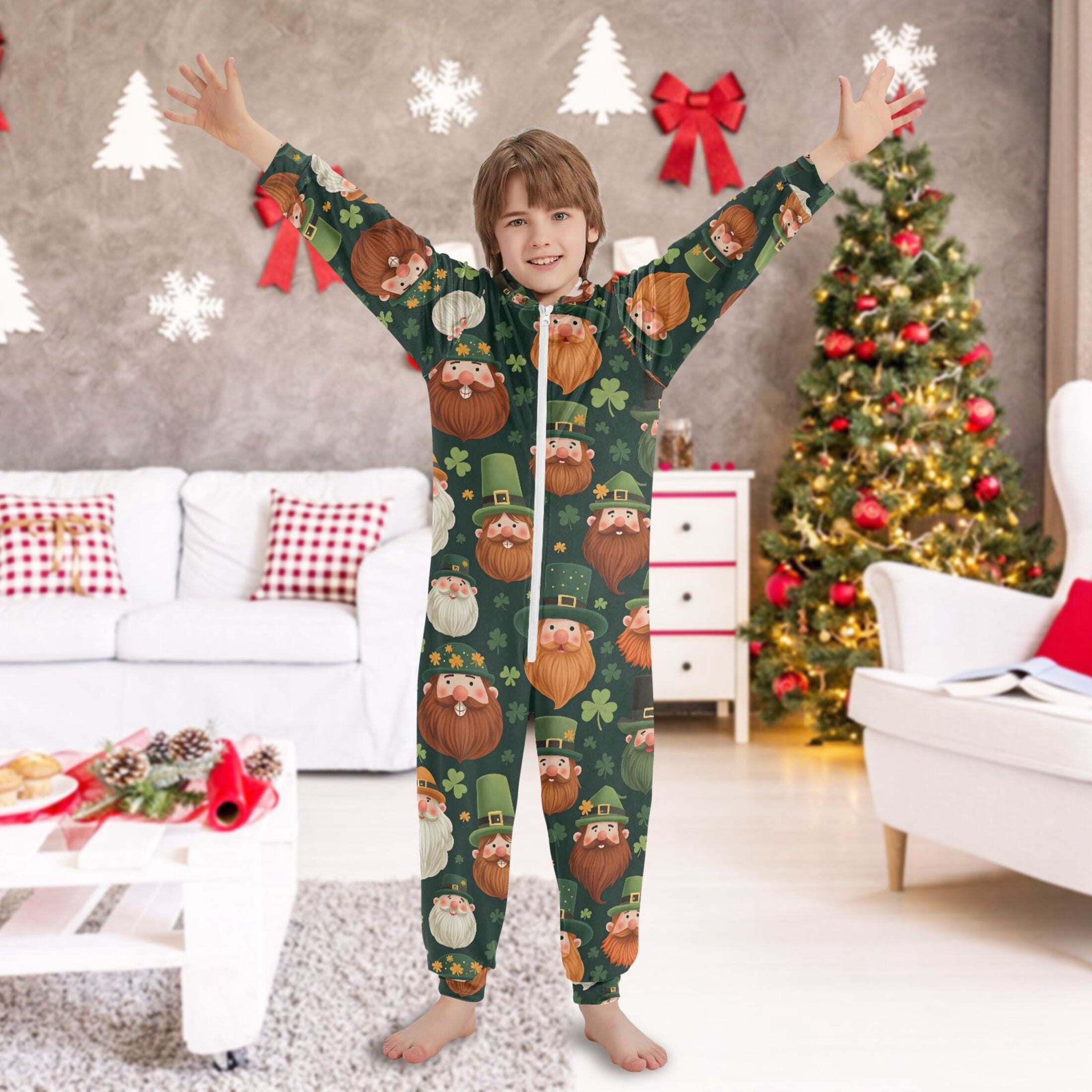 Beard Green Elf Pattern One Piece Pajamas Soft Jumpsuit Cozy Sleep and Play Romper Zipper and Pockets 13Y-14Y