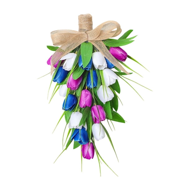 Guirnalda decorativa de tulipanes en forma de lágrima con un lazo para decorar puertas y Blanco Azul Morado