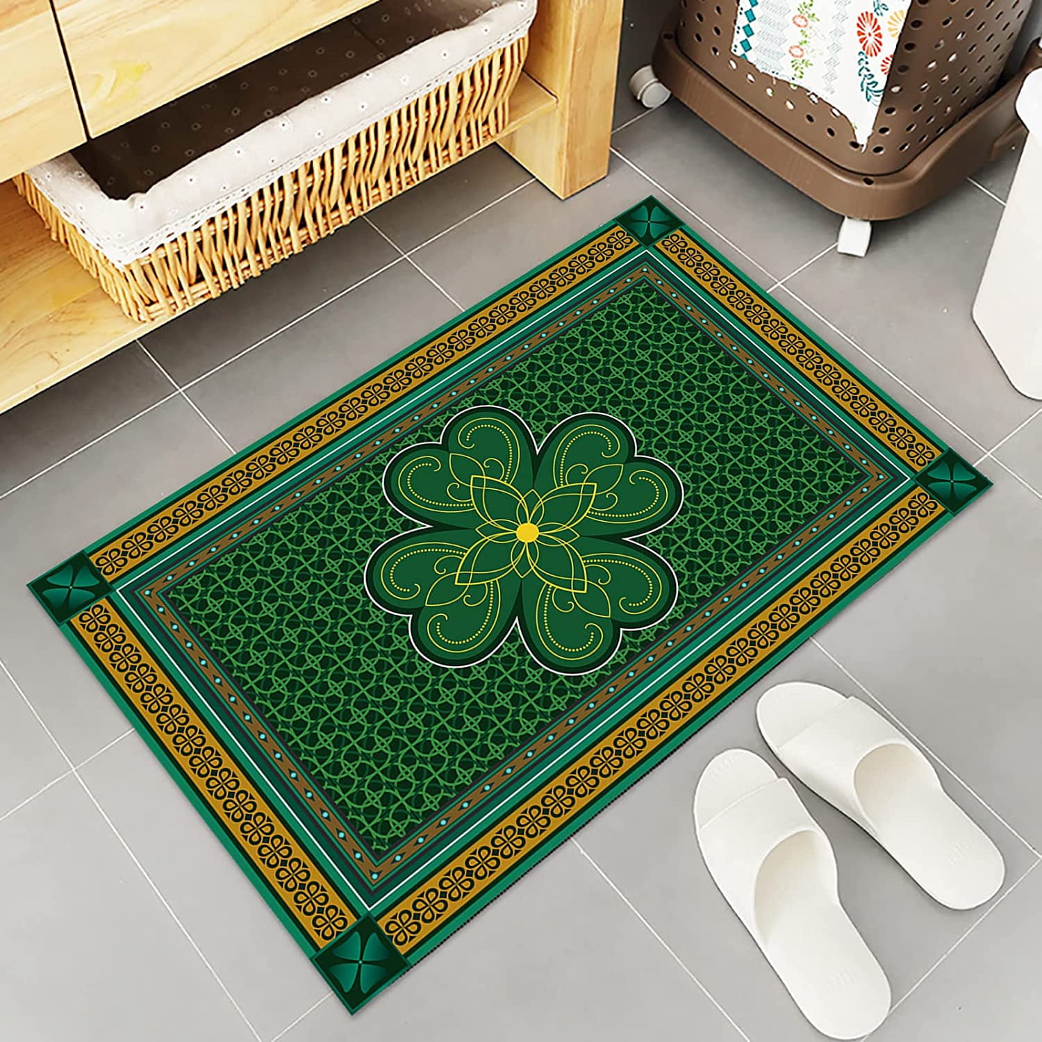 St. Patrick''s Day Kitchen Rugs and Mats, Irish Traditional Shamrock Floor Doormat Washable Comfort Runner Carpet 2 Piece Non-Slip Rubber Backed Area Rugs for Indoor Decor Classic Celtic Lucky Clover