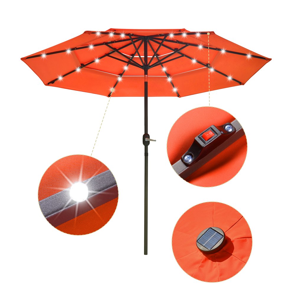 9 Ft 3 Tier Patio Umbrella with Solar Powered LED Crank Tilt