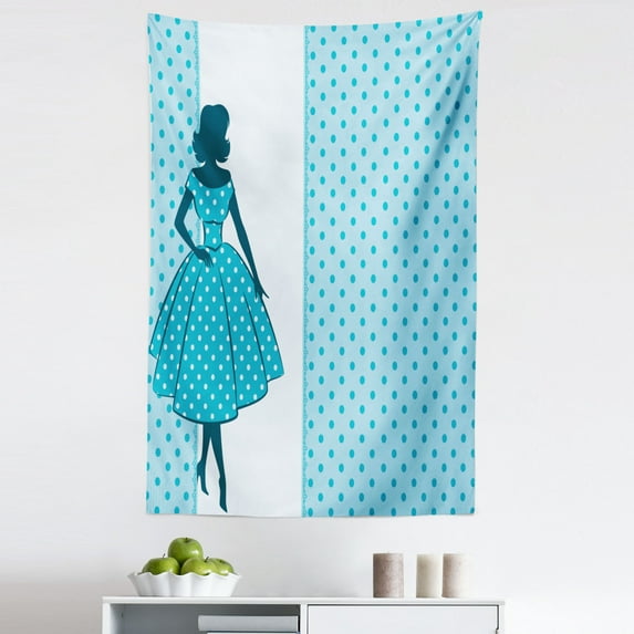 Vintage Woman Tapestry, Silhouette 1950s Style Woman in Polka Dot Dress with Retro Backdrop, Fabric Wall Hanging Decor for Bedroom Living Room Dorm, 5 Sizes, Pale Blue Teal White, by Ambesonne