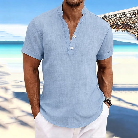 BSDJILFG Cotton Golf Shirts for Men Linen Breathable Button Up Short Sleeve Slim Fit Pullover Summer Tops