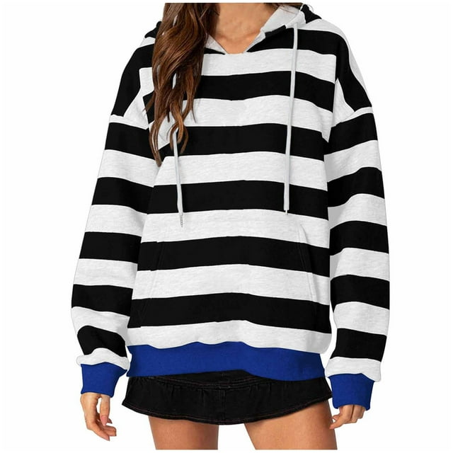 Annhoo Oversized Sweatshirt for Women Long Sleeve Drawstring Hoodies Fall Plus Size Stripes Print Loose Tops