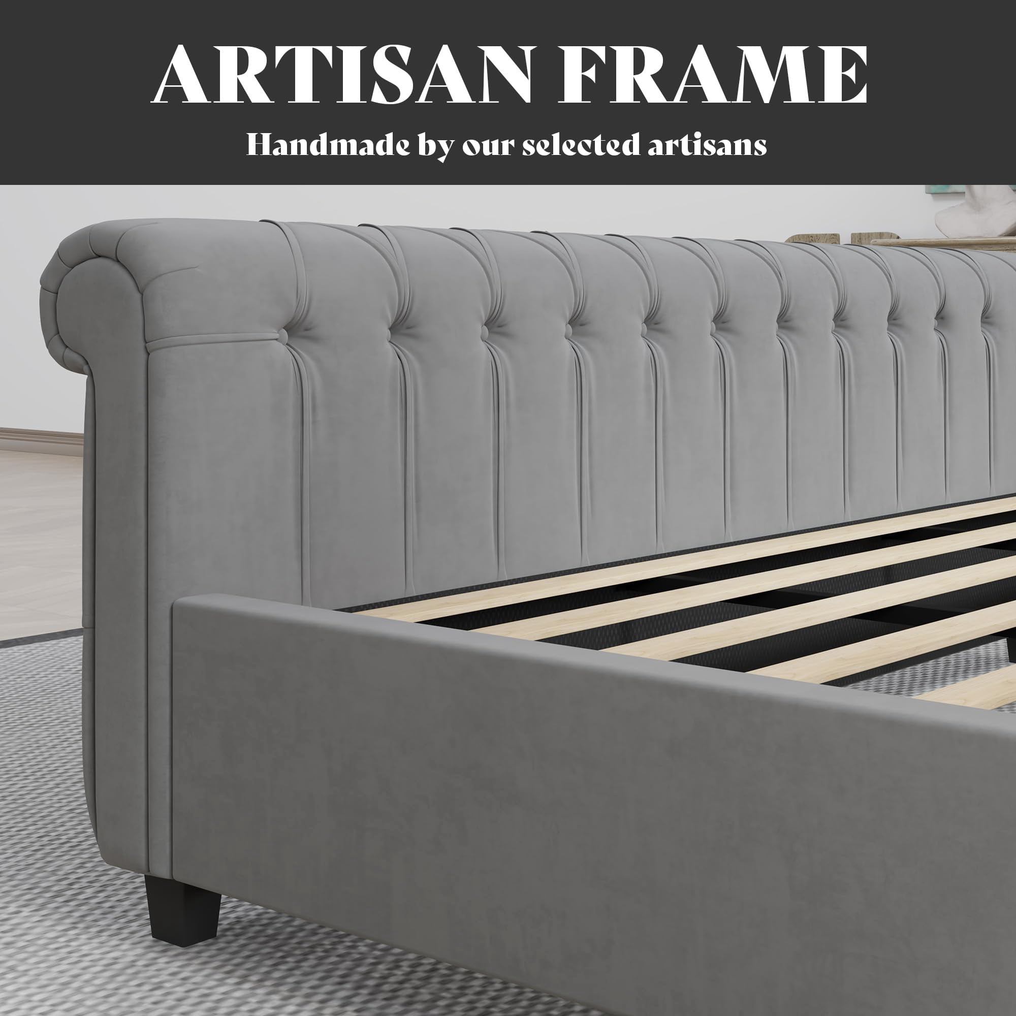 Merluxy California King Size Platform Bed Frame, Velvet Upholstered Sleigh Bed with Scroll Wingback Headboard & Footboard/Button Tufted, Grey
