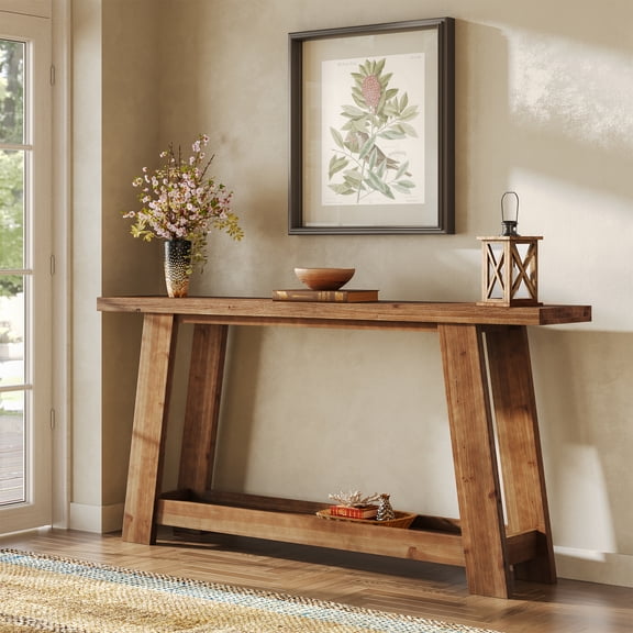 Fimind 63-Inch Solid Wood Console Table, Farmhouse Entryway Table with 2-Tier Storage Shelf, Narrow Sofa Table for Living Room, Hallway, Foyer