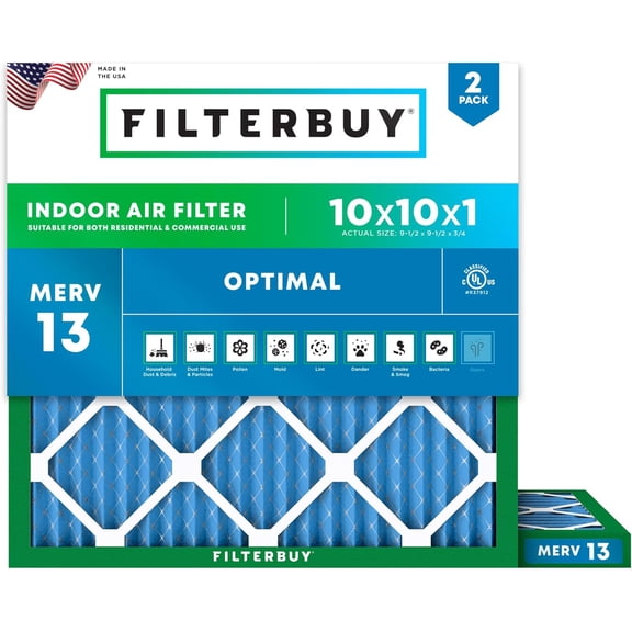 Filterbuy 10x10x1 Air Filter MERV 13 Smoke Defense, Pleated HVAC AC Furnace Filter Replacement, 2-Pack