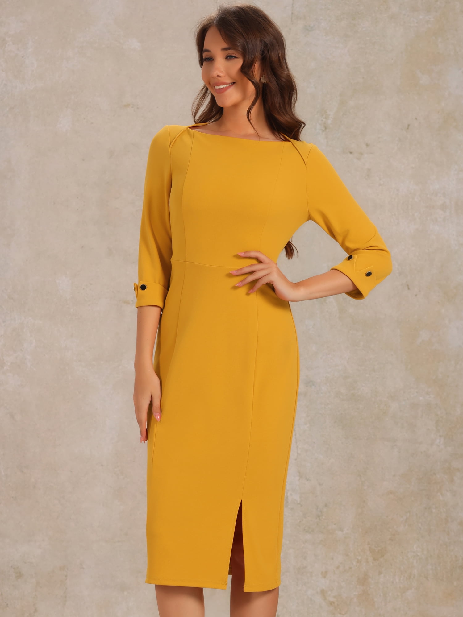 DARING DIVA Elegant Boat Neck 3/4 Sleeves Midi Split Sheath Dress S Yellow