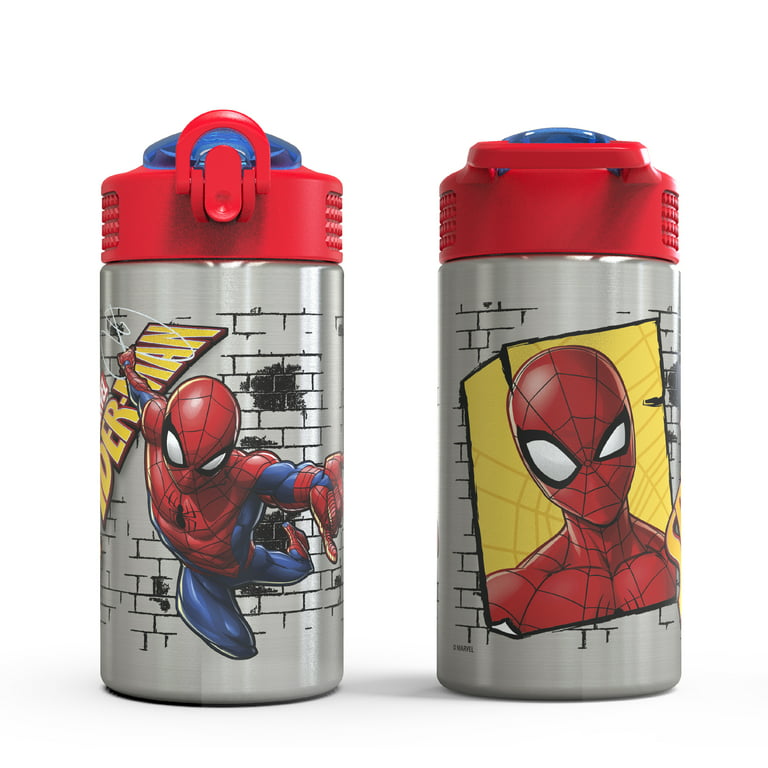 Zak Designs 15.5 oz Kids Water Bottle Stainless Steel with Push-Button  Spout and Locking Cover, Marvel Spider-Man