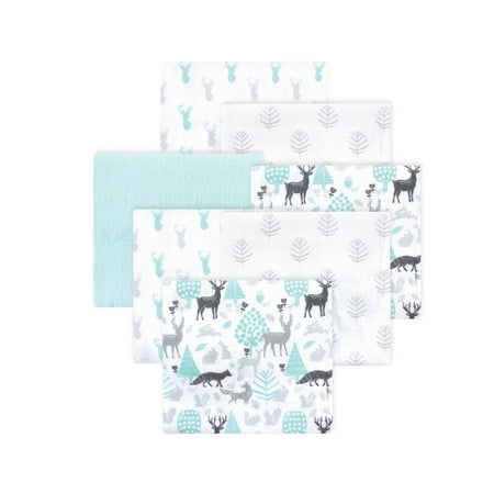 Little Treasure Hudson Baby Cotton Poly Flannel Receiving Blankets 7-Pack, Blue Woodland Neutral, 30x30 inches