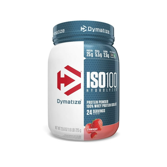 Dymatize ISO100 Hydrolyzed Protein Powder, 100% Whey Isolate Protein, 25g of Protein, 5.5g BCAAs, Gluten Free, Fast Absorbing, Easy Digesting, Strawberry, 1.6 Pound