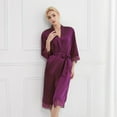 thumbnail image 2 of Previn Women's Comfy Satin Bathrobe Cool Elbow Sleeve Knee Length Fall 3/4 Sleeve Home Lace Bathrobes Curvy Bath Robe Purple XX-Large, 2 of 2