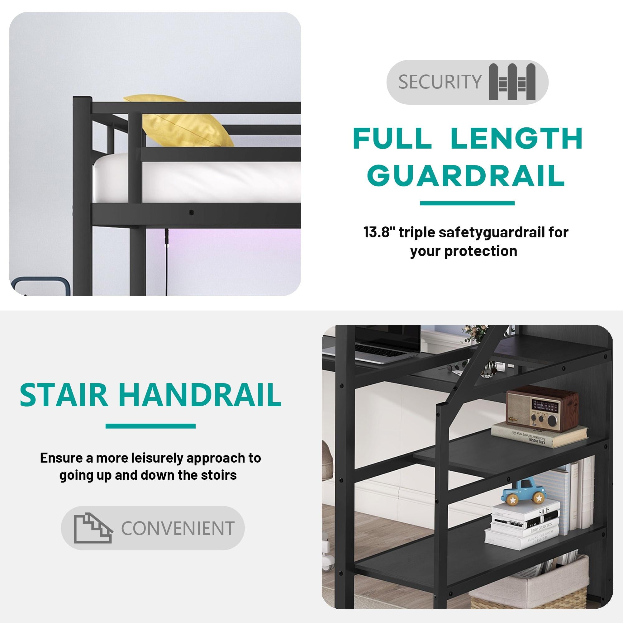Full Size Loft Bed with Desk and Stairs, Metal Loft Bed Frame with Wardrobe and USB Charging Station