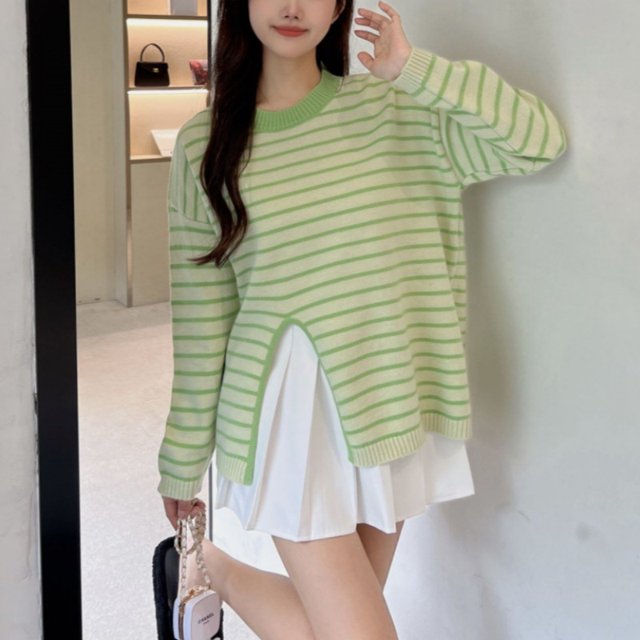 Suéter de punto para mujer, nuevo jersey de otoño coreano de estilo holgado, suave y combinable con todo, con rayas horizontales divididas, ropa exterior