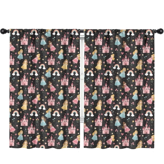 Blackout Kids Curtains,Princess and Castle Black Pattern Children's Insulated Curtains Set Of 2,Bedroom Essentials,Toddler Room Decor 52"x84"