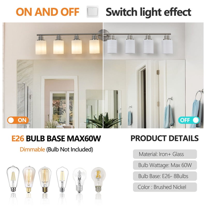 52" Modern 8-Light Bathroom Vanity Light Fixture, Brushed Nickel Wall Sconce with Frosted Glass Shades, Hardwired Lighting for Vanity Mirror, Hallway, Powder Room (Bulbs Not Included)
