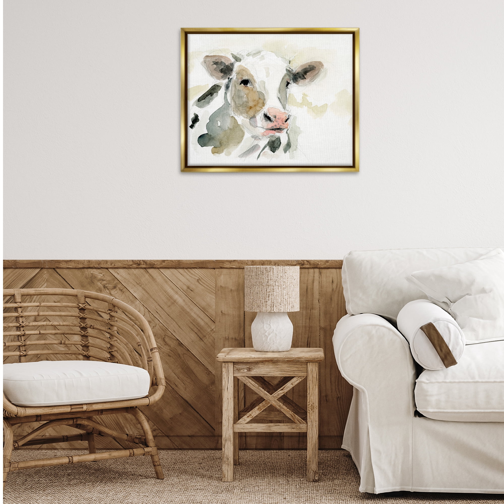 Stupell Industries Soft Watercolor Cow Animals & Insects Painting Gold Floater Framed Canvas Art Print Wall Art, 31 x 25