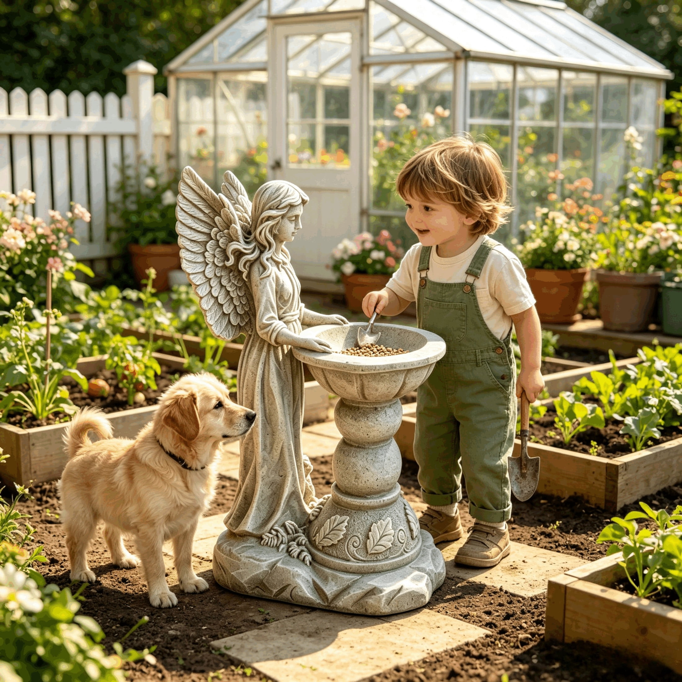 GDF Studio Angel Bird Bath Garden Statue, Vintage Off-White Resin Sculpture Figurine with Bowl, Outdoor Yard Lawn Decor