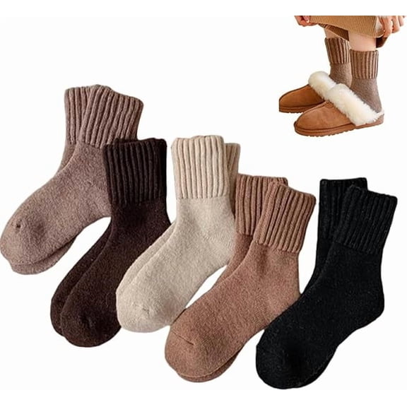 5 Pairs Women's Solid Mid-Calf Socks,Cozy Fall Socks, Fuzzy Thick Warm Winter Thermal Cotton Crew Socks